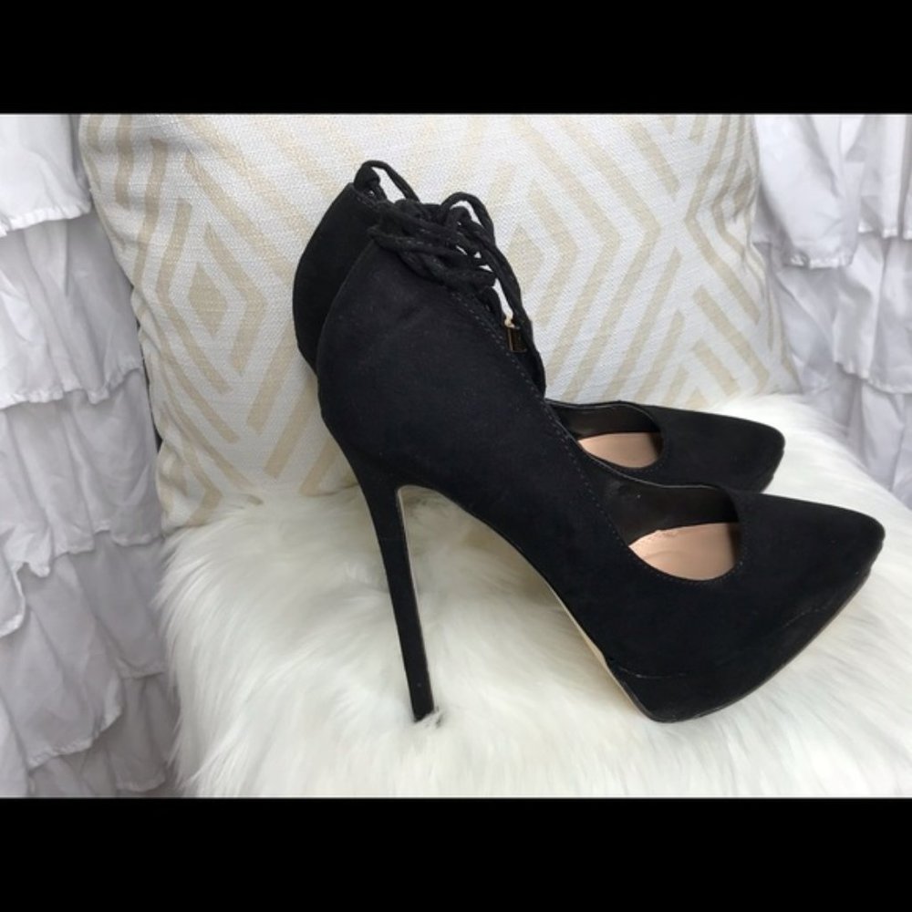 7.5, Sexy Izabella Rue Black stiletto suede pumps, 6 inch ultra high heels